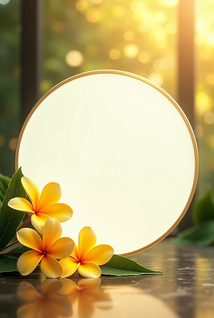 A beautiful gorgeous very amazing pristina white blank circle  frame  with simple  designable border .  beside  beautiful 4 vibrant deep yellow plumeria & vibrant deep green leave branch. A beautiful soft and romantic  glassy vibrant  yellow  black lightin...