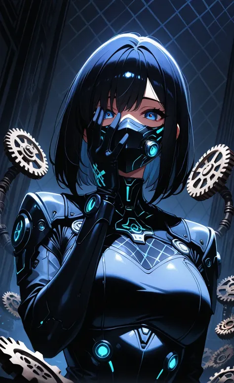 1girl,solo, upper body, mechanical gears, Full face mask,mask cover, Academic, Shallow shaded, film grain, dutch angle,hand covering face,incubators,argyle_background,Argyle print,masterpiece,best quality,amazing quality,very aesthetic,absurdres,newest,