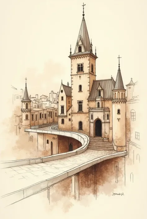 Sketch by hand architecture traced in shades of beige and brown