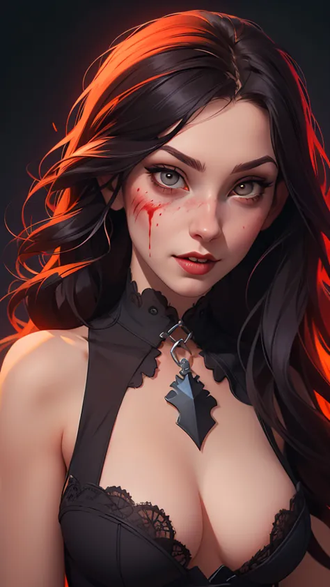 a drawing of a woman with blood on her face and a bloody collar, charlie bowater art style, arte da personagem charlie bowater, ...