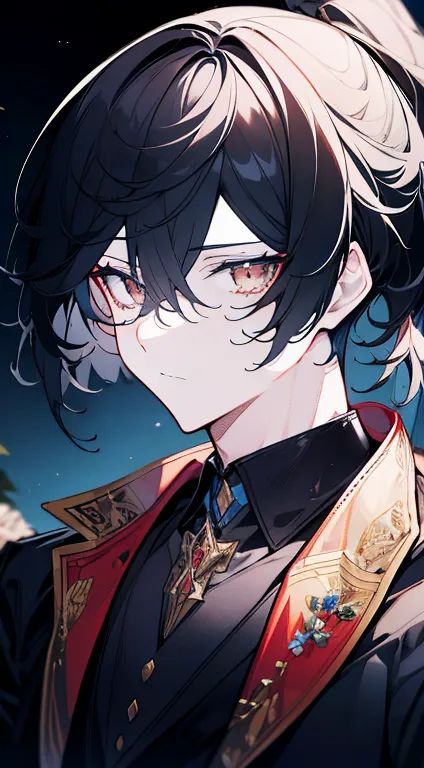 Secondary elements， anime style，one person（）， scale is correct， facial details ， long black hair ，Neck details，Ray Tray，Detailed luminescence，CG Rendering，Hair details， charming eyes ， Handsome，（Youthful feeling）， costume details ，In a forest，night， starry...