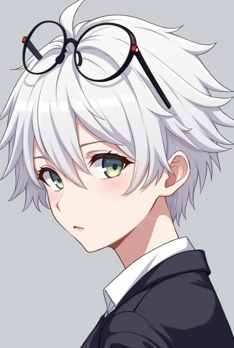 Anime white-haired boy with a pair of glasses on his head is looking handsome Gray background