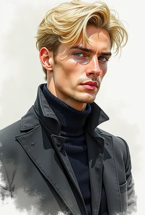 
Create a sketch as painted in watercolor of a 27-year-old young man. He is a thief .  He has very blond hair  (platinum) grey eyes.  He is very handsome and athletic .  He always wears black and his goal is to steal from a museum ,  a sample of diamonds ....