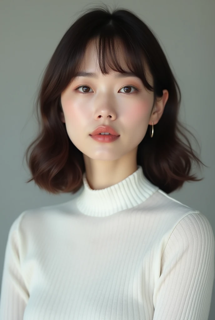  Japanese　woman　Double　40s　bangs　 medium hair 　 straight hair　Brown Hair　 elegant 　High image quality　 high definition 　White high neck knit　 bust up shot 　