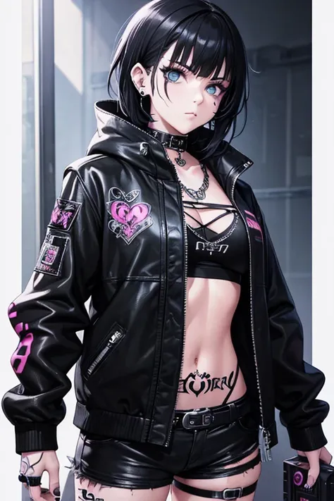 a drawing of a woman with tattoos and piercings on her arms, gothcore, diesel punk female, chloe price, detailed manga style, 1 7 - year - old anime goth girl, jet black haired cyberpunk girl, goth girl, beautiful female punk, 1 7 - year - old goth girl, b...