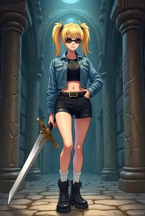 Anime style, female character, blonde hair, hair in pigtails, sports sunglasses, denim jacket, black shirt, black shorts, white socks and black boots, tanned skin, more mature woman, slight smile, holding a large sword, in a dungeon and dragons style game ...