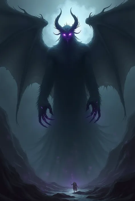 A shadowy eldritch nightmare with glowing purple eyes, horns, and wings