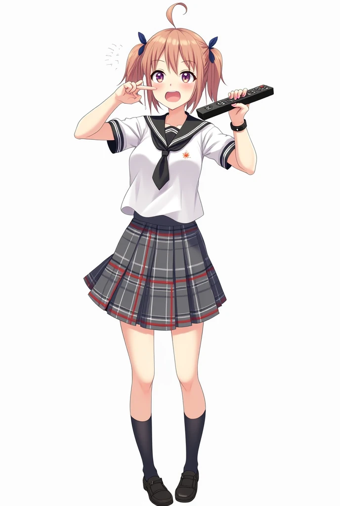 Adult woman standing full of two bows in her hair standing full on the front and her legs and wearing black shoes and uniform white shirt short sleeves with a black watch and pink nails and black tie with black and white lines school and with a plaid skirt...