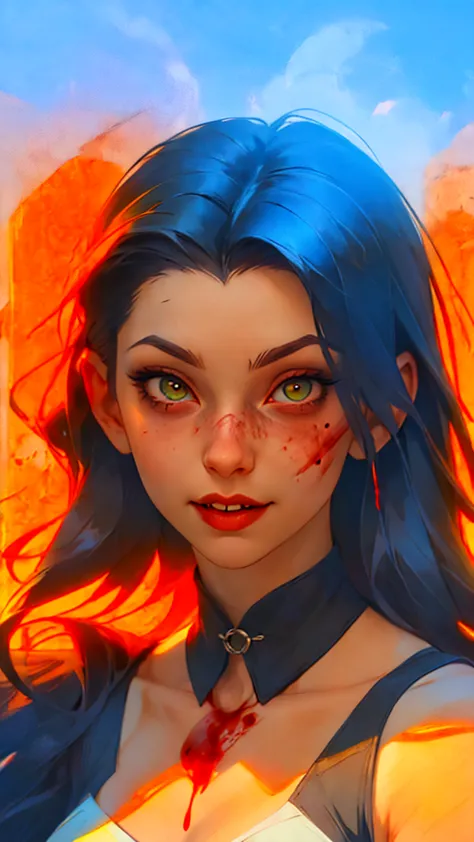 a drawing of a woman with blood on her face and a bloody collar, charlie bowater art style, arte da personagem charlie bowater, ...