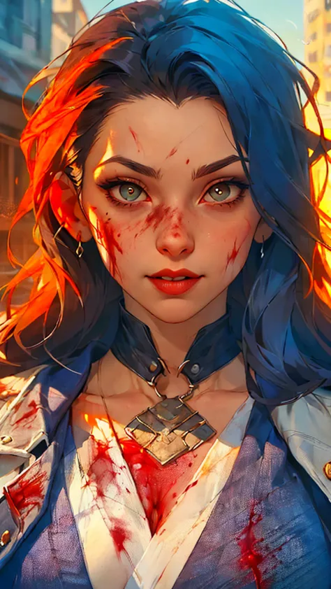 a drawing of a woman with blood on her face and a bloody collar, charlie bowater art style, arte da personagem charlie bowater, ...