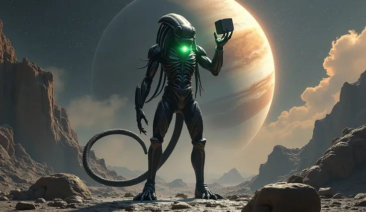 humanoid style alien, mixing alien with predator on Jupiters moon with Jupiter in the background, galaxies and stars, the alien holds a small black cubic stone that emits a strong green light from behind the stones faces