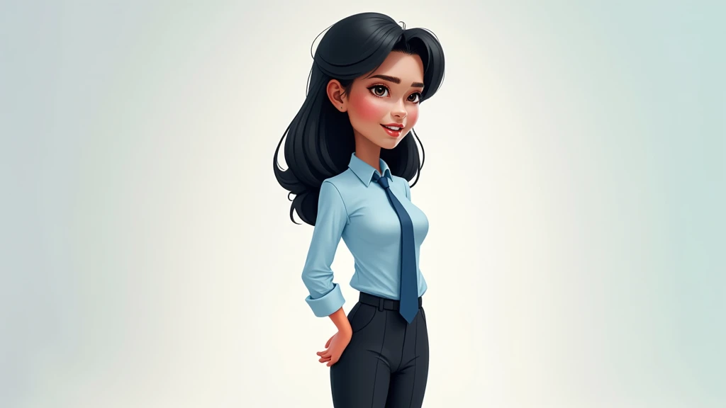 A Disney Pixar style image of a 30 year old woman with fair skin, 511" tall, and black hair. She is wearing a light blue dress shirt and tie, black pants, and dress shoes. She has a happy expression on her face. She has a thin, athletic build. The backgrou...