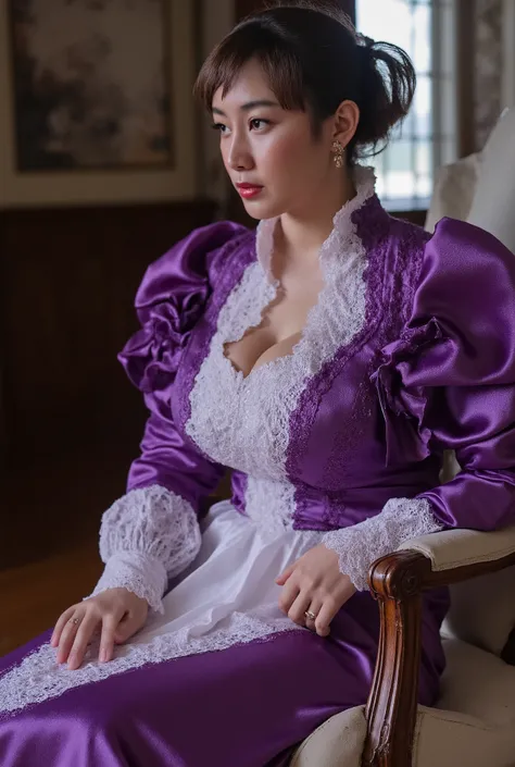 A Korean man in ladies vintage suit dress, he is crossdresser, breasts like a woman, slender female body, His hairstyle is short and manly, purple and white, long sleeves, Rich lace and frills, mermaid skirt, silk, sit quietly