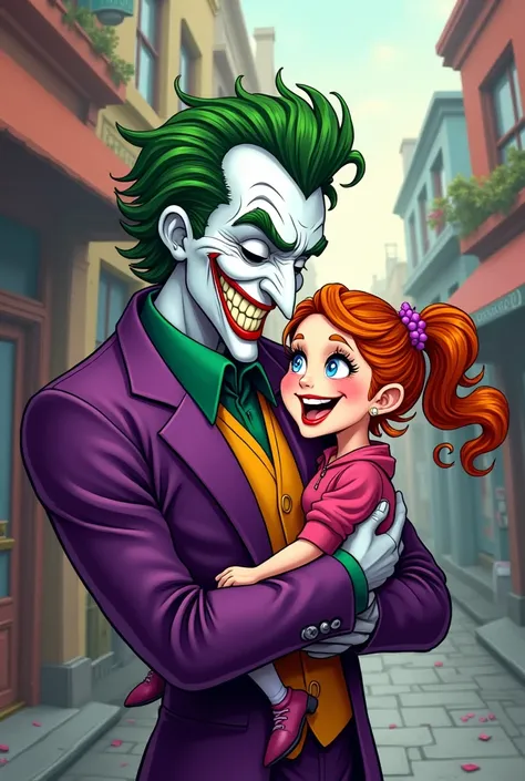 Picture of the Joker holding his daughter cartoon version