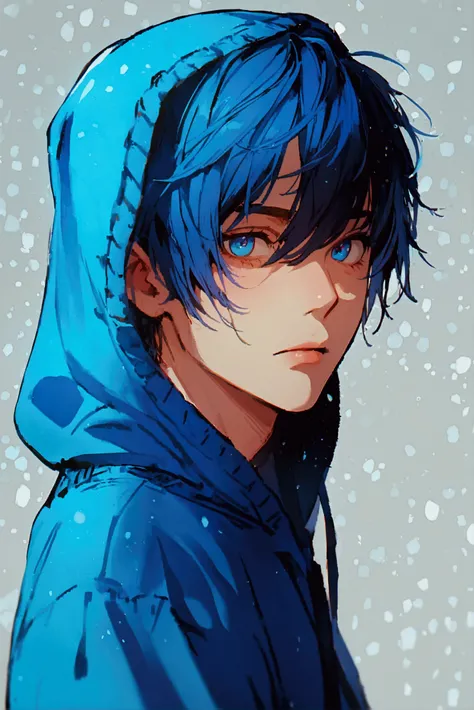 1 man, blue hood, turning your gaze , bangs,  simple background, 