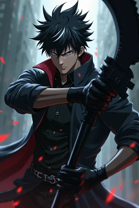 anime man with black spikey hair and white highlights holding a large black scythe