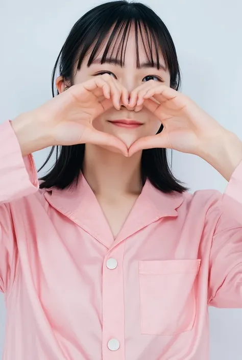 Only one smiling woman poses wearing cute pajamas with only her shoulders exposed, making a firm big heart shape with both hands, and holding them in front of her chest, View above collarbone、The background is a monotone 、
