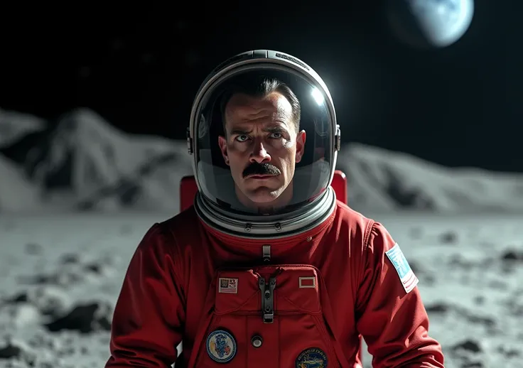  high resolution,   Hitler-like astronaut in a red suit like Neil Amstrons, Is on the Moon looking in the front , look of fear. Wirh helmet 