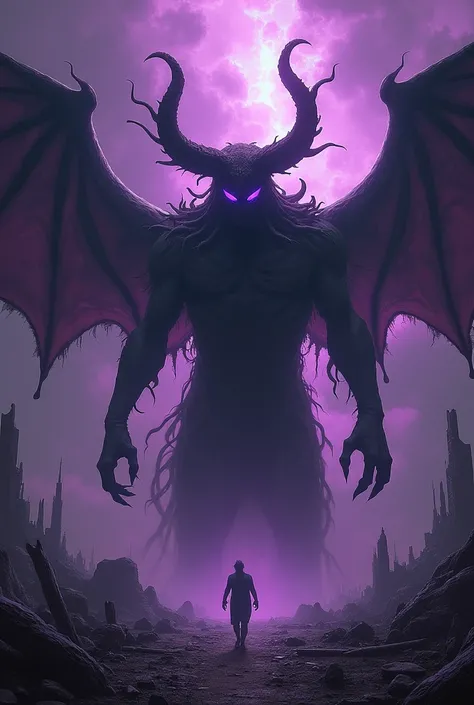 A shadowy eldritch nightmare with glowing purple eyes, horns, and wings. Apocalypse in the background 