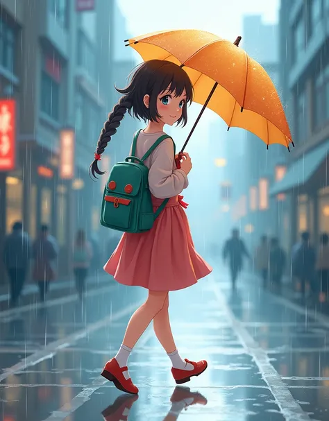 girl walking in the rain、cute、 Anime Style 、 side view、fun、umbrella、smile、profile