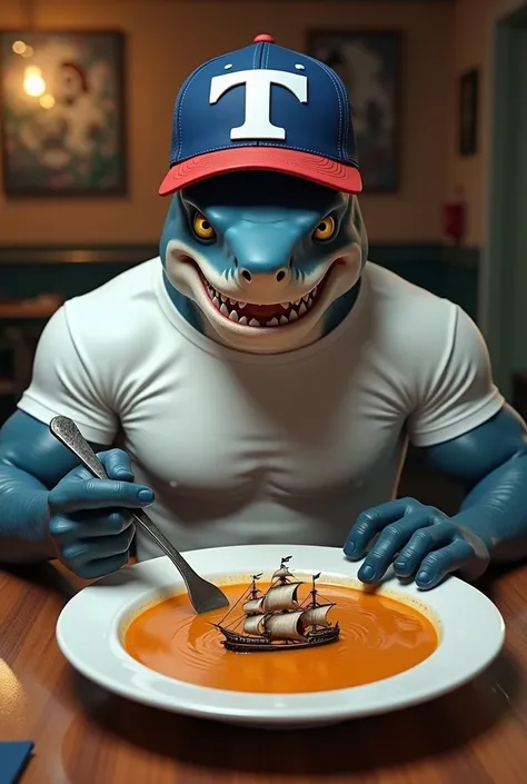 tiburon hiperrealista musculoso, with white t-shirt,  king blue cap with red visor and a letter  "t" white as logo ,  sitting at a table,  drinking soup on whose plate you can see a pirate and a pirate ship floating