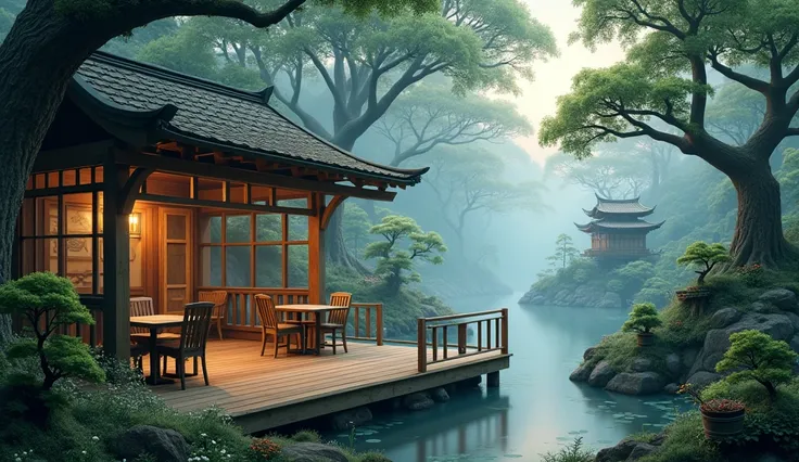 A wooden deck，There are tables and chairs, Quiet and peaceful atmosphere, Magical environment, Misty Garden, Beautiful and detailed scenes, Bonsai Tree House, Detailed scenery, Atmospheric fantasy setting, Composed of trees and fantasy valley, Lush Japanes...