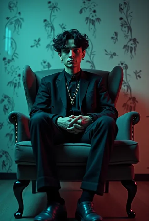 hello,  I want to create an image of Duki Mauro Lombardo Argentinian wallpaper using as a reference the shades that Billie Eilish uses in the Chihiro videovlip, Only the colors that match ,  to him I want him sitting on an armchair looking at the camera wh...