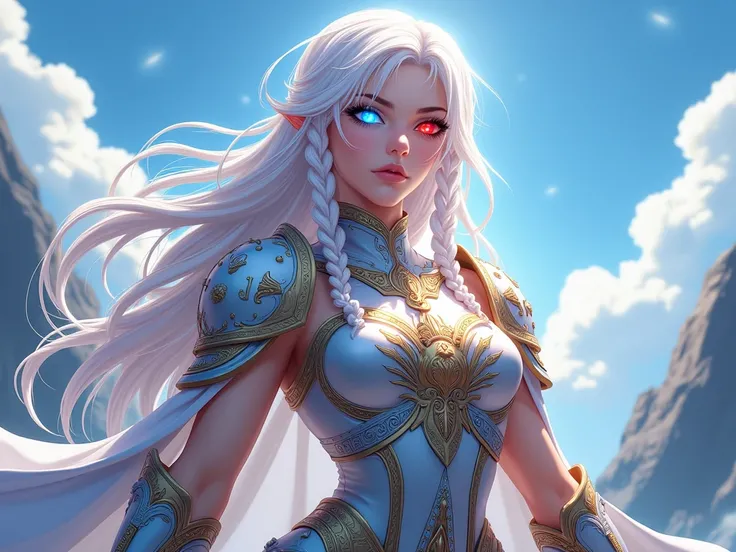 anime, Women,  long white hair with braids ,  bright blue left eye ,  right eye shiny red color ,  beautiful body ,  armor of the Knight of the Zodiac of Libra, Mount Olympus background .