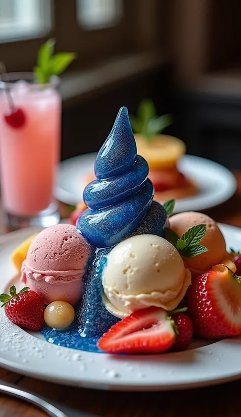  to create a delicious ice cream effect with a flowing waterfall on an upscale dinner plate ，, The shape of a crying poop made from waterfall-shaped sapphires and delicious ice cream， Is it possible  ，  A delicious drink wrapped in a fancy plate  , dessert...