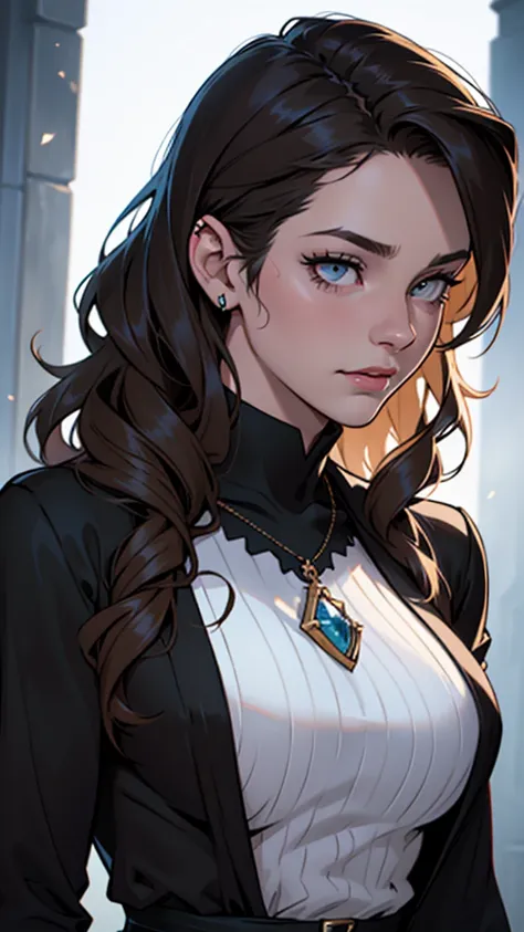 girl muscles huge breasts black long hair yellow eyes pale skin thick toned body muscular long sleeve tight shirt solo solo sad sad muscular muscularum close de uma mulher com uma blusa preta e um sutiã preto,  Charlie Bowater art style , estilo Charlie Bo...