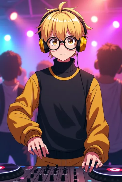 A male teenager has blond hair and fair skin he is wearing skin glasses you can see his eyes he also wears yellow headphones he is wearing a black sweater with very long sleeves and they dont let you see his hands he also wears a yellow sleeveless sweatshi...