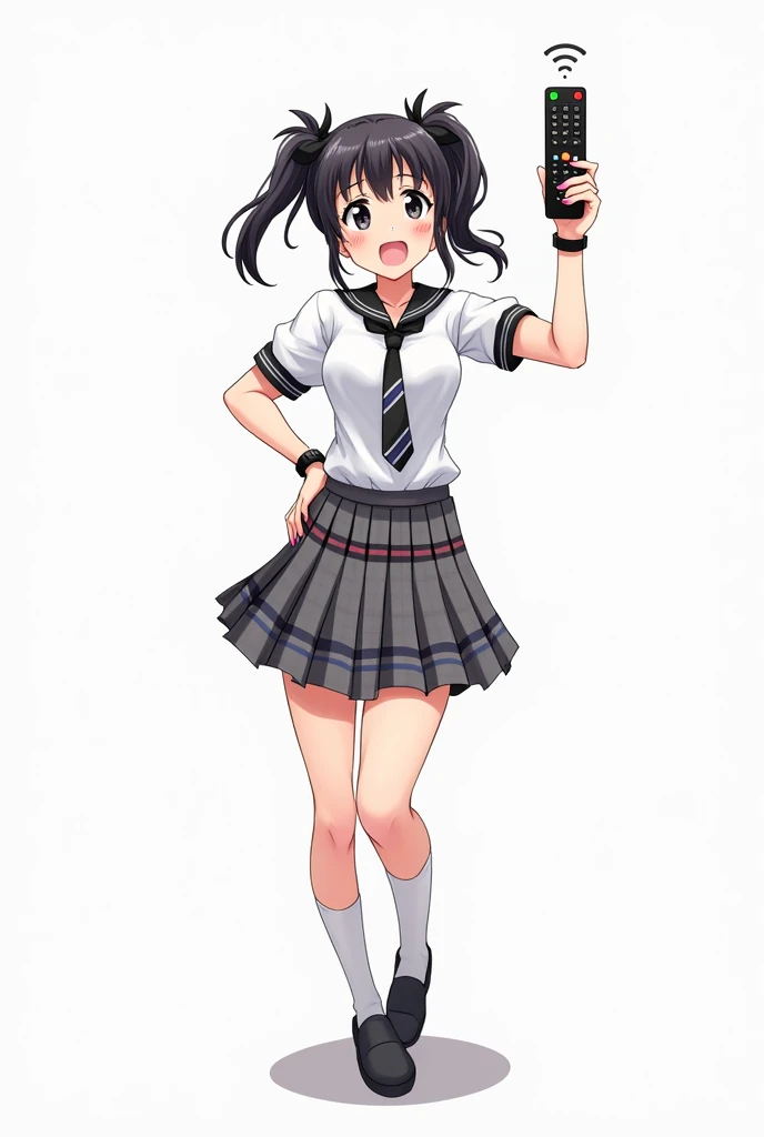 Adult woman standing full of two bows in her hair standing full on the front and her legs and wearing black shoes and uniform white shirt short sleeves with a black watch and pink nails and black tie with black and white lines school and with a plaid skirt...