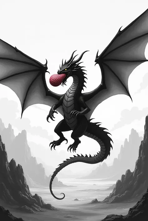 I want you to make an image of a dragon that has a pitahaya in its mouth, The dragon must be in a desert , The image must be a 2D drawing and the drawing must be black