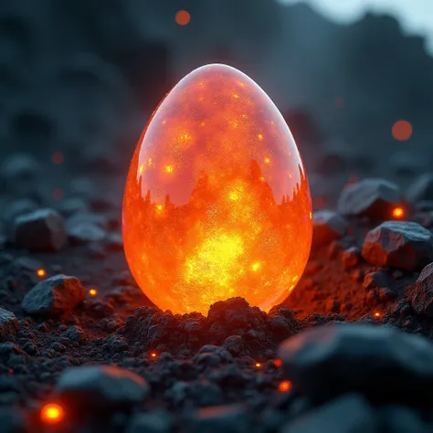 Create a highly detailed, ultra-realistic close-up of a single, glowing mineral egg nestled in a rugged volcanic environment. The egg is smooth and semi-translucent, with an intense internal glow that shifts between fiery hues of red, orange, and yellow, a...