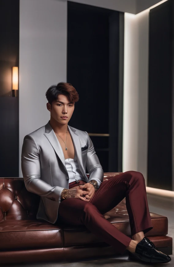 (Detailed face:1.3), photorealistic, handsome young Korean man, tattoos, muscular build, abs, tanned skin, red short hair with bangs, full body shot, BREAK, Wearing a sleek, tailored black suit with a subtle sheen, no shirt underneath, silver chain, perfec...