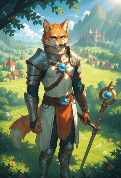 A feline beastman with orange fur and bright blue eyes stands beside a tall and noble wolf beastman with silver fur and piercing red eyes. The feline is small and agile-looking, wearing light adventurer’s clothes and holding a small magical staff. He has a...