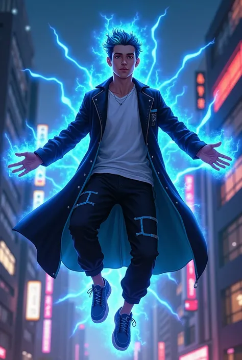 " A character named Ned Eddie Storm ,  a young urban hero with an aesthetic style .  He is levitating in a night environment with neon lights and modern buildings in the background . Her short, formally styled hair has electric blue reflections that shine ...