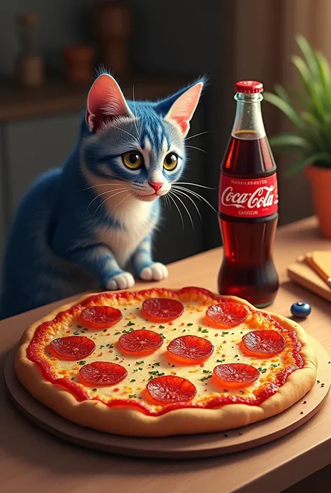 Blue pepperoni pizza with a cat and a Coca-Cola for miss.Samin moghadam