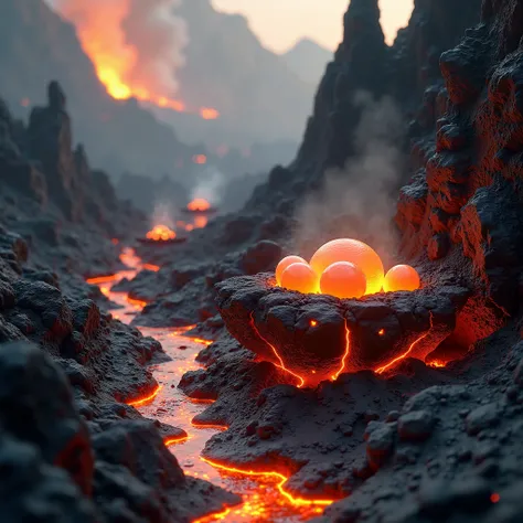 Create a highly detailed, cinematic image of the volcanic habitat of Pyroformes, showcasing their environment and a nest containing their unique, glowing mineral eggs. The scene depicts a rugged, alien volcanic landscape, with jagged rock formations and gl...