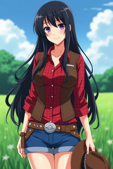  Serena is a beautiful woman with strong black hair with purple sparkles ,  with purple eyes light skin her hair is straight and very long up to the chains,with her bangs over her forehead ,  red lips dressed as a cowgirl wearing short blue shorts ,  brown...