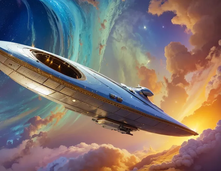 8k、 greatest masterpiece、Unimaginable progress from current Earth civilization 、An alien spaceship that came from the 45th century is sailing above the clouds。Futuristic abstract wave and curve modeling in a virtual space where lines of light sparkle and r...