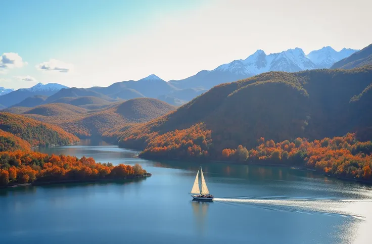 Beautiful autumn lake landscape in Eastern Europe Croatia. The picture quality is clear . A ship is passing by.