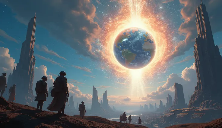 "An epic sci-fi scene depicting the Earth as a gateway to other dimensions, with glowing portals opening above cities and ancient, otherworldly beings emerging from them. The scene should show a mix of advanced human technology and ethereal alien creatures...