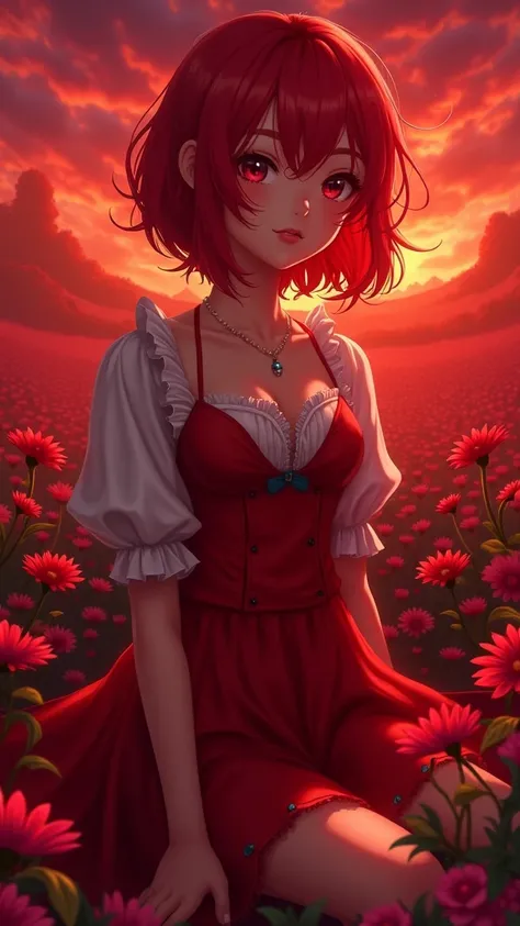 anime girl in a field of flowers with a red sky in the background, Blazing Red, 🌺 CGSociety,  red and cinematic lighting, in the red world of dreams, red background,  red glow, Rias Gremory,  detailed digital anime art , extremely detailed ,  piece of art ...