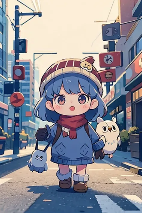  The scene below is expressed using small character dolls.（ photorealistic、An owl walking around the city with an umbrella ，Cute Winter Clothes、Knitted hat、Wool gloves、Raise your right hand）