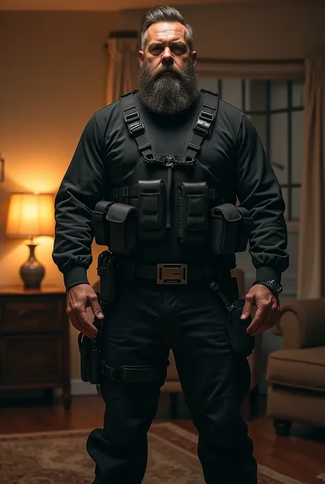 ITB Shooting Instructor,   Tall sturdy with beard and black with black clothes 
With living room background 