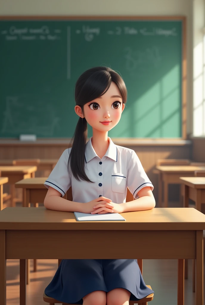 A Thai female student, a university star, is wearing a student uniform and sits on a chair in a classroom.