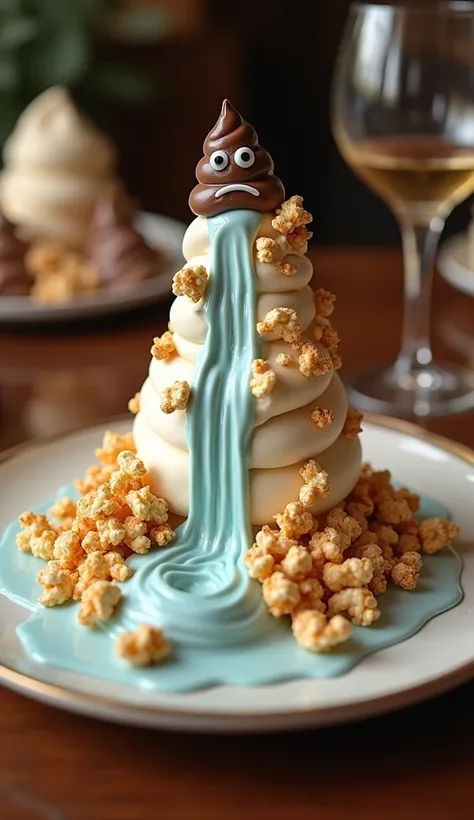  to create a delicious ice cream effect with a flowing waterfall on an upscale dinner plate ，, The power of waterfall-shaped popcorn and the shape of poop made from delicious ice cream have a sad expression， Is it possible  ，  A delicious drink wrapped in ...