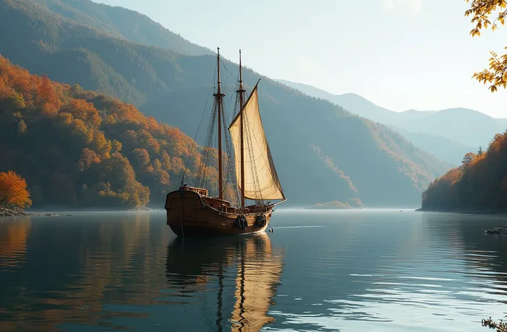 Beautiful autumn lake landscape in Eastern Europe Croatia. The picture quality is clear . A wax ship passes by