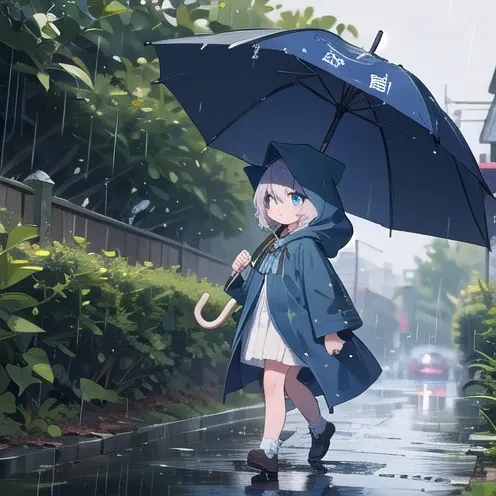  little  wearing a blue hooded cloak、Walking with an umbrella、 owl under guard，In the Rain